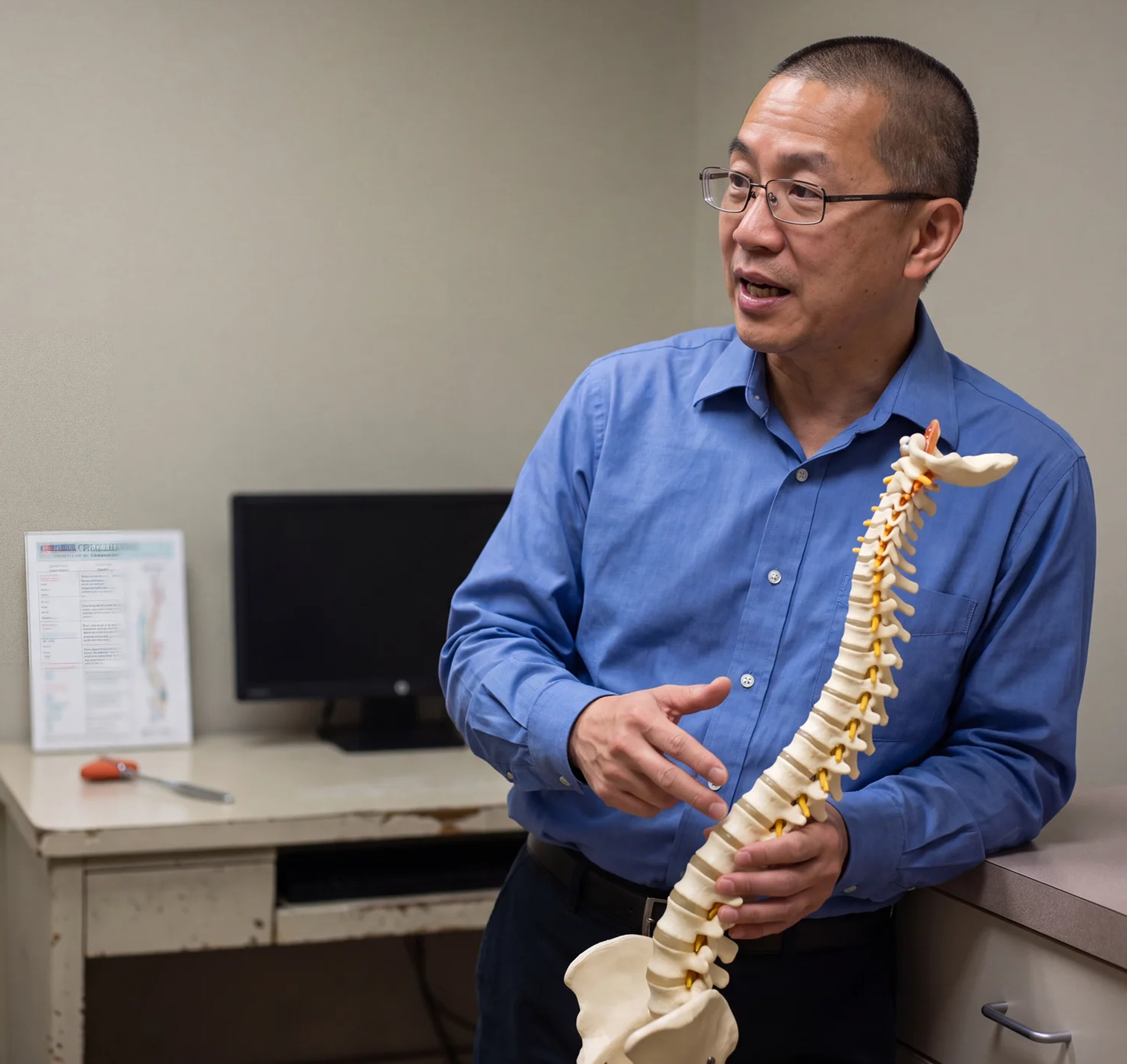 A chiropractor explaining a spine model to a patient