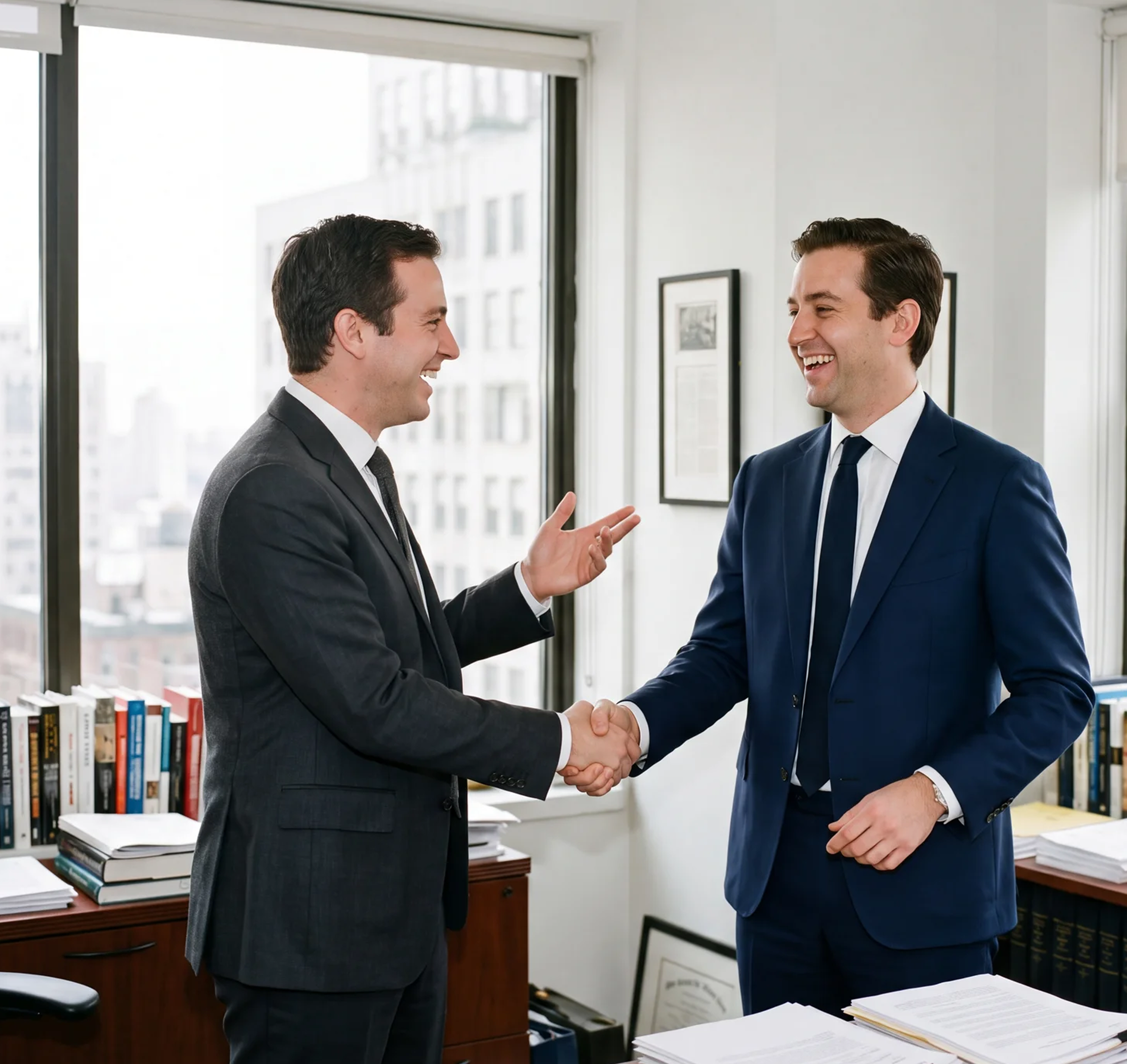 Two finance professionals shaking hands in an office