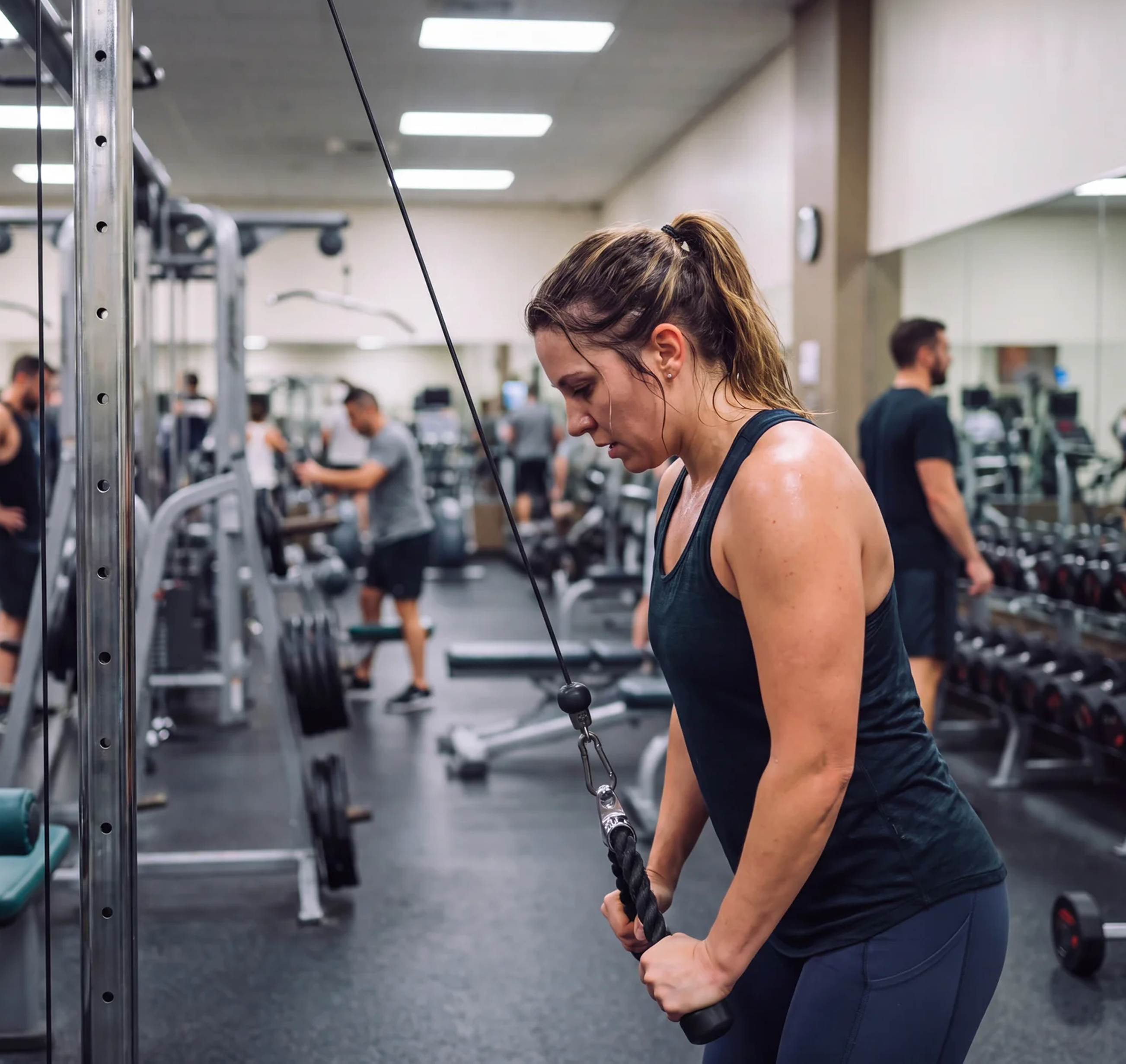 A trainer talking with a gym member between workouts