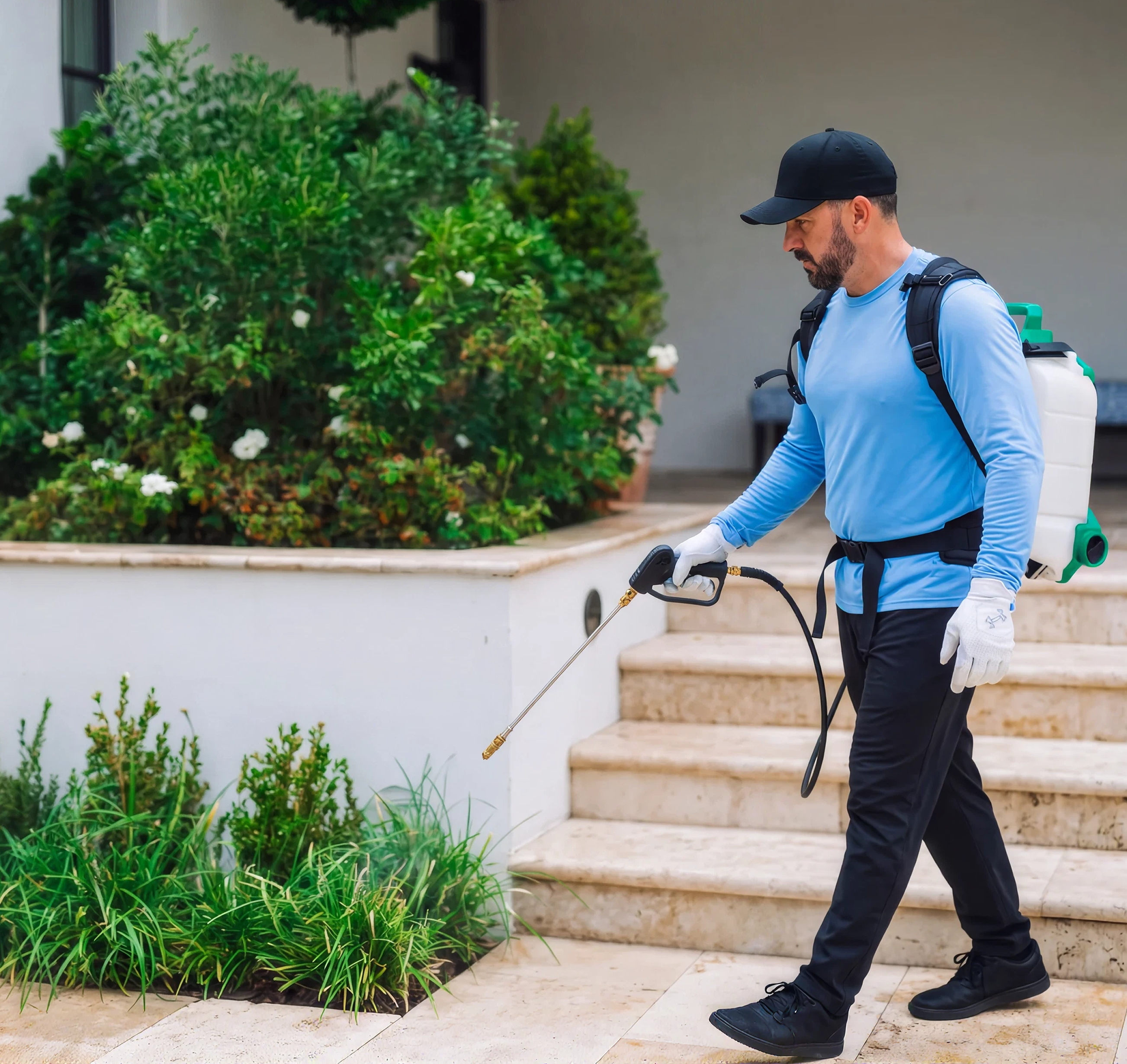 A pest control technician treating the outside of a home