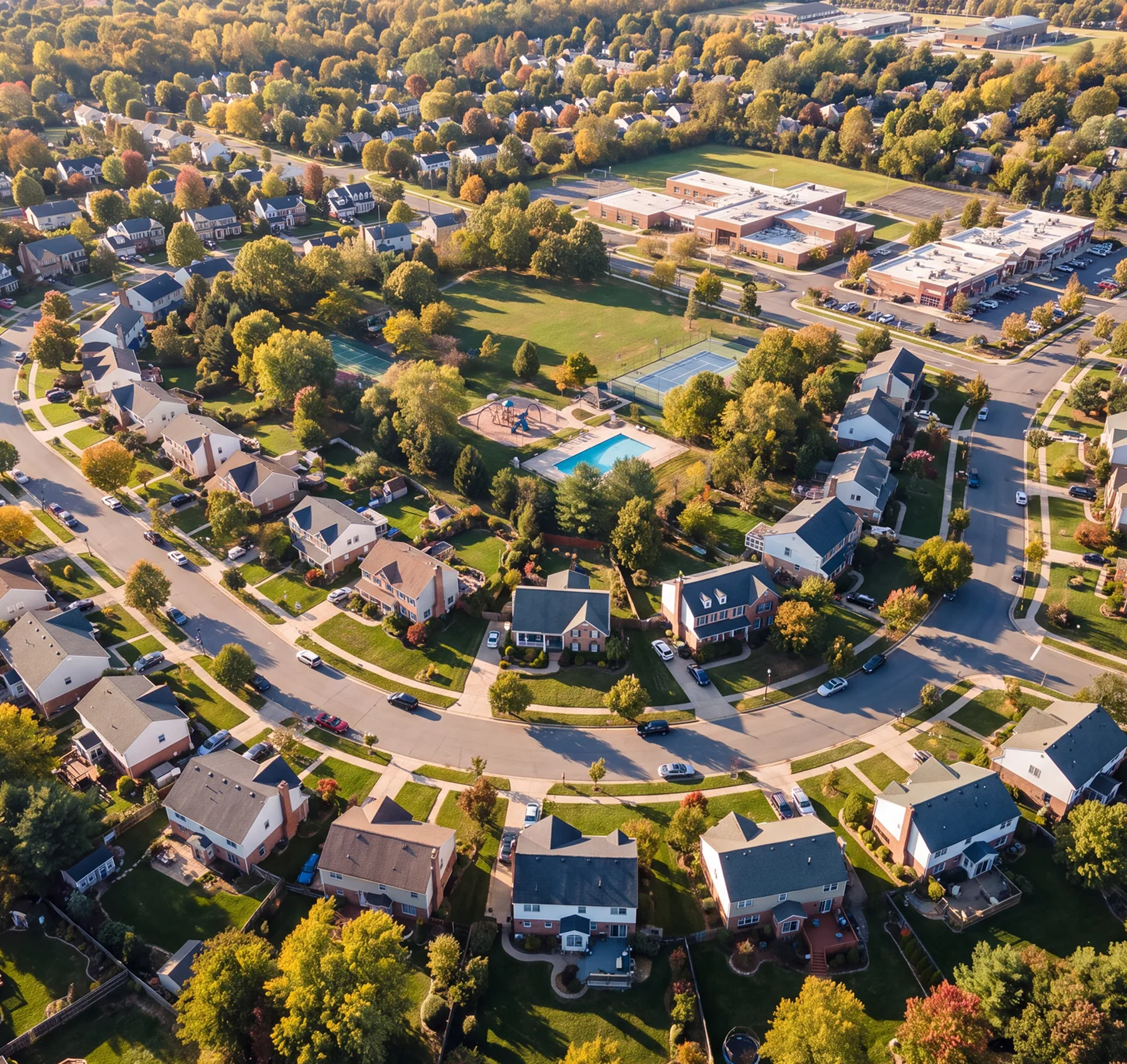 Aerial view of a residential neighborhood
