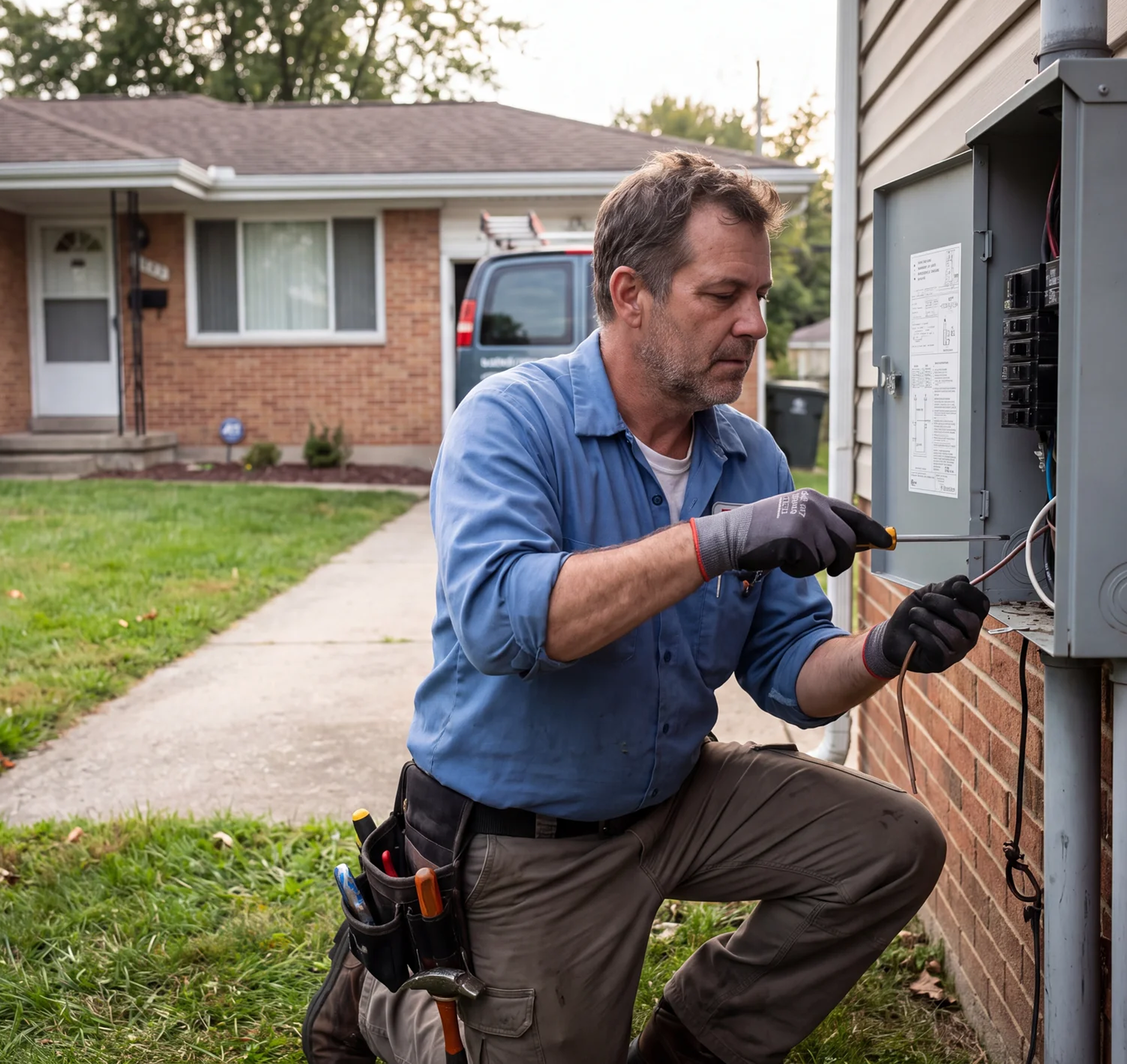 A utility technician servicing an electrical panel outside a home